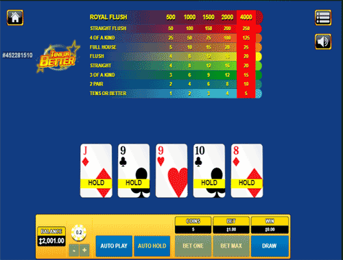 tens or better video poker layout